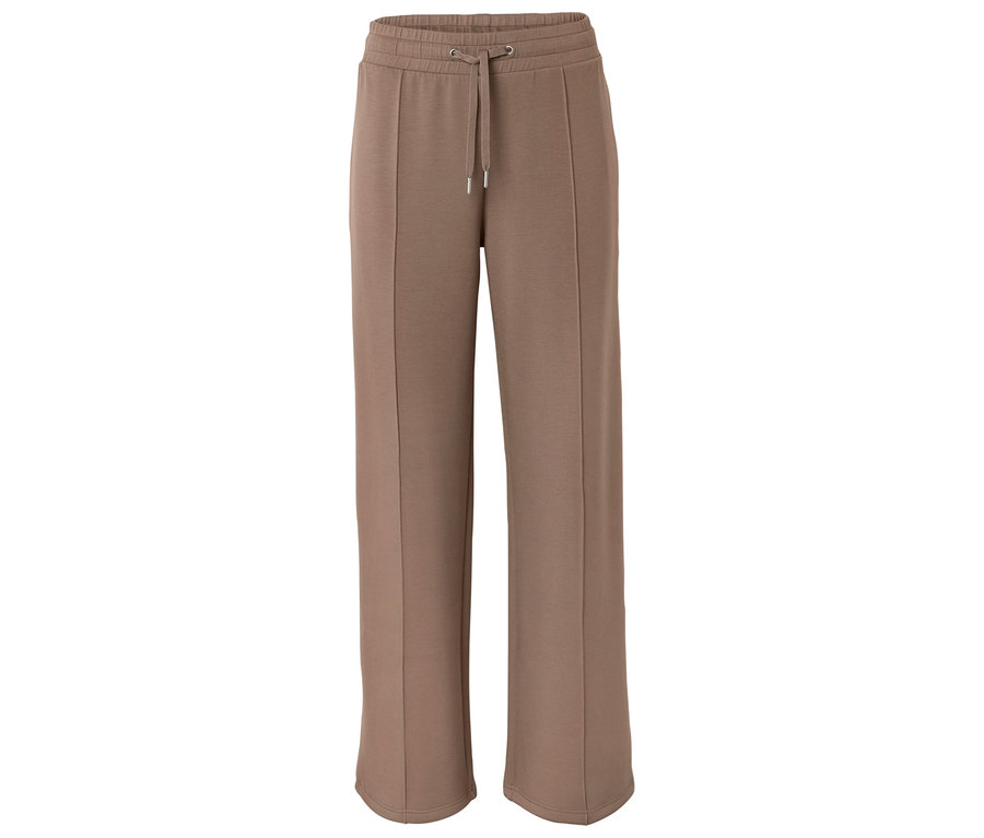 Eine isolierte Aufnahme einer locker sitzenden, taupefarbenen Hose mit Kordelzug.