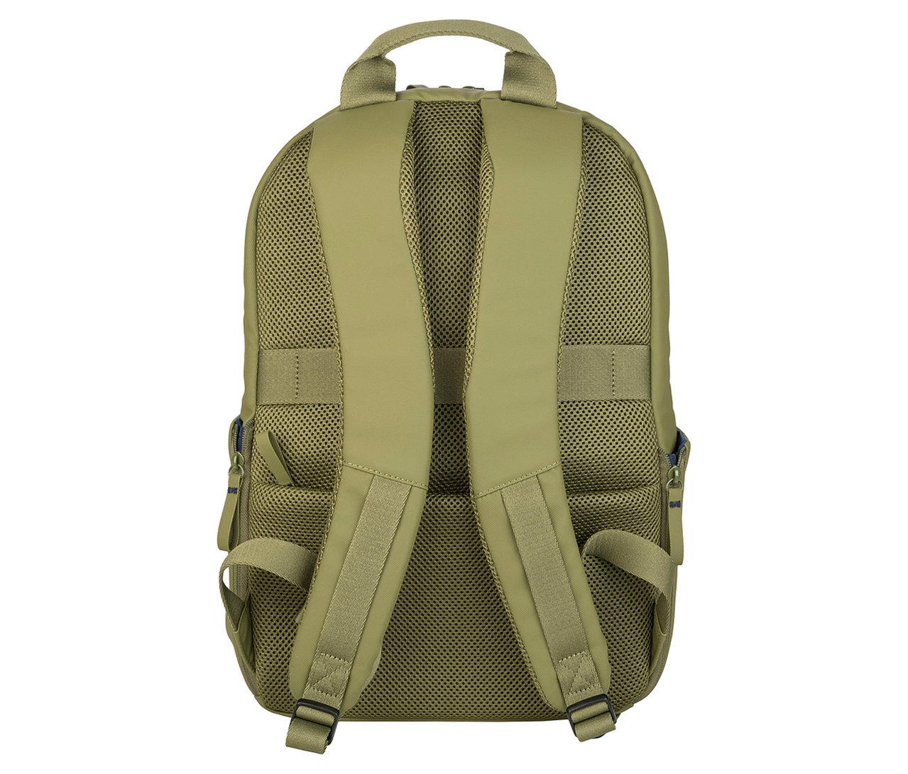 Rückansicht eines khaki-farbenen Rucksacks mit gepolsterten Trägern und atmungsaktivem Mesh-Rücken.