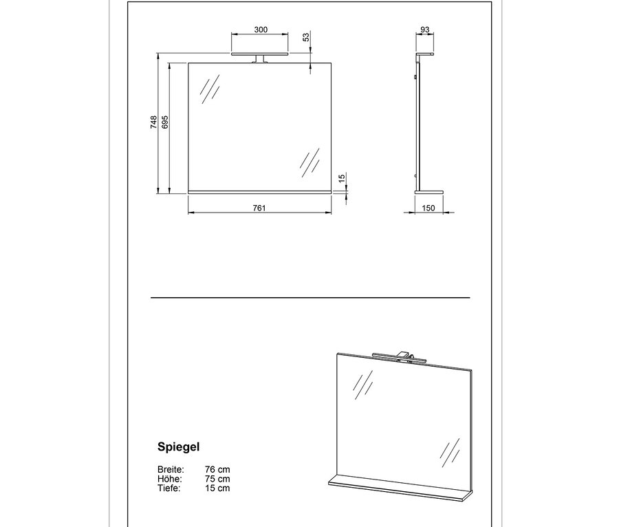 Technische Zeichnung des Spiegels "PESCARA" inklusive Beleuchtung mit Maßangaben.