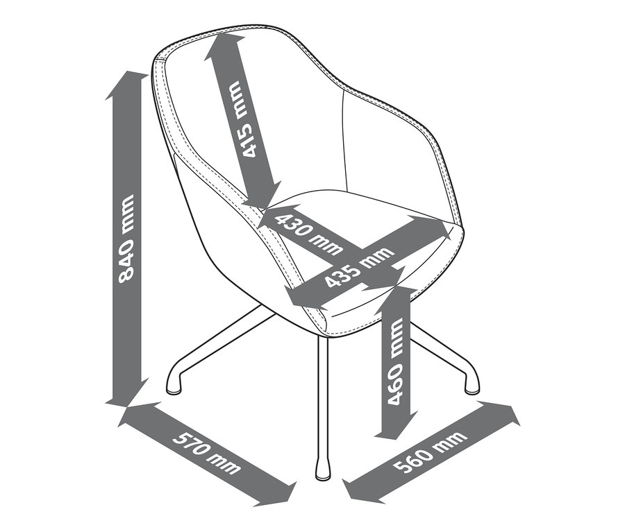 Abbildung eines gepolsterten Drehstuhls aus Kunstleder mit Maßangaben.