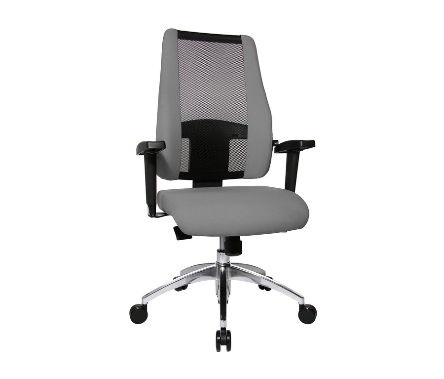 Grauer Drehstuhl »Air Syncro« mit schwarzem Netzgewebe in der Rückenlehne.
