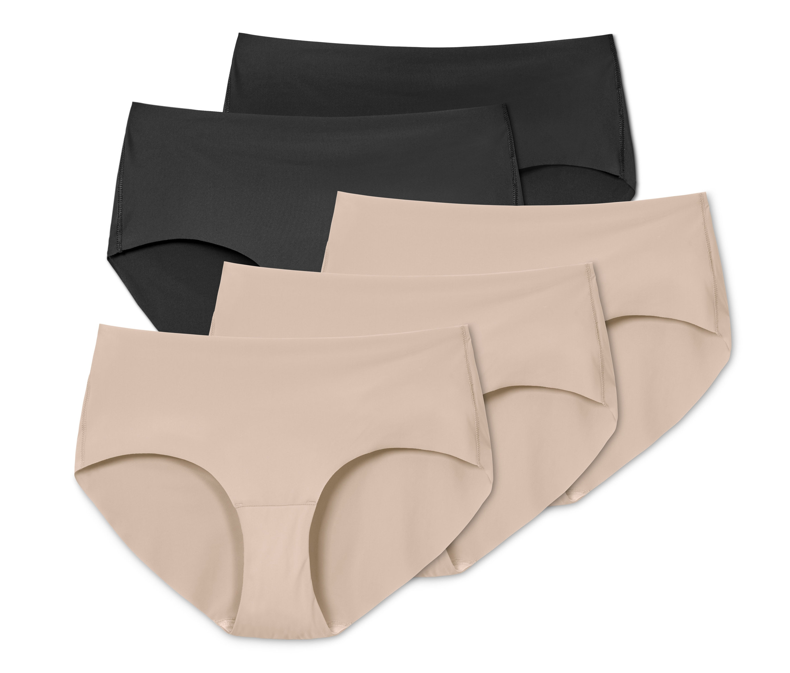 Fünf Magic-Cut-Pantys, beige und schwarz.
