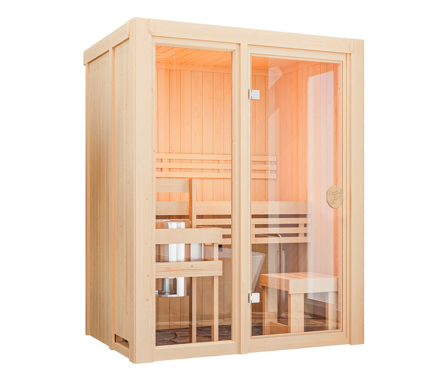 Karibu Sauna »Vivi 1« mit Bänken und Glastür.
