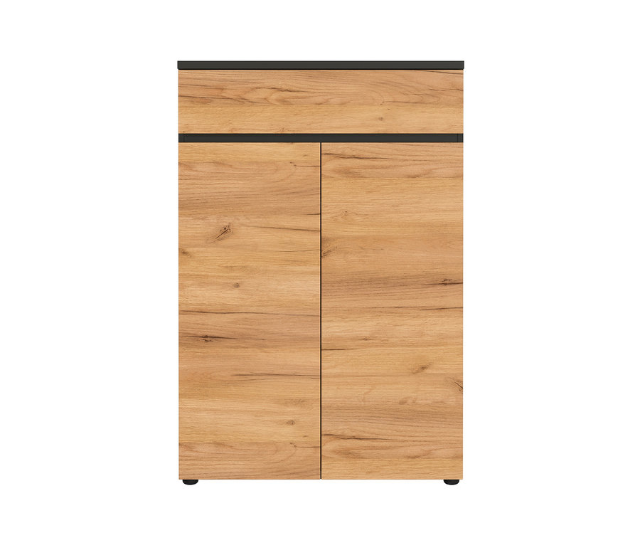 Detailaufnahme eines zweitürigen Aktenschranks »Lissabon« in Holzoptik mit schwarzen Details.