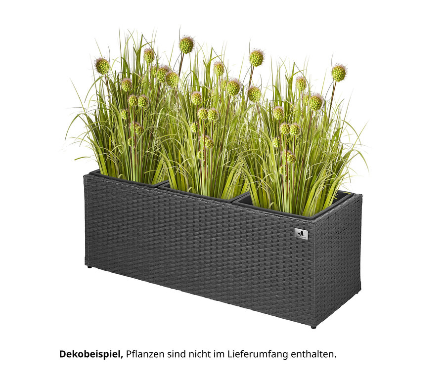 Anthrazitfarbenes Pflanzgefäß aus Polyrattan, Breite ca. 102 cm, mit Pflanzen.