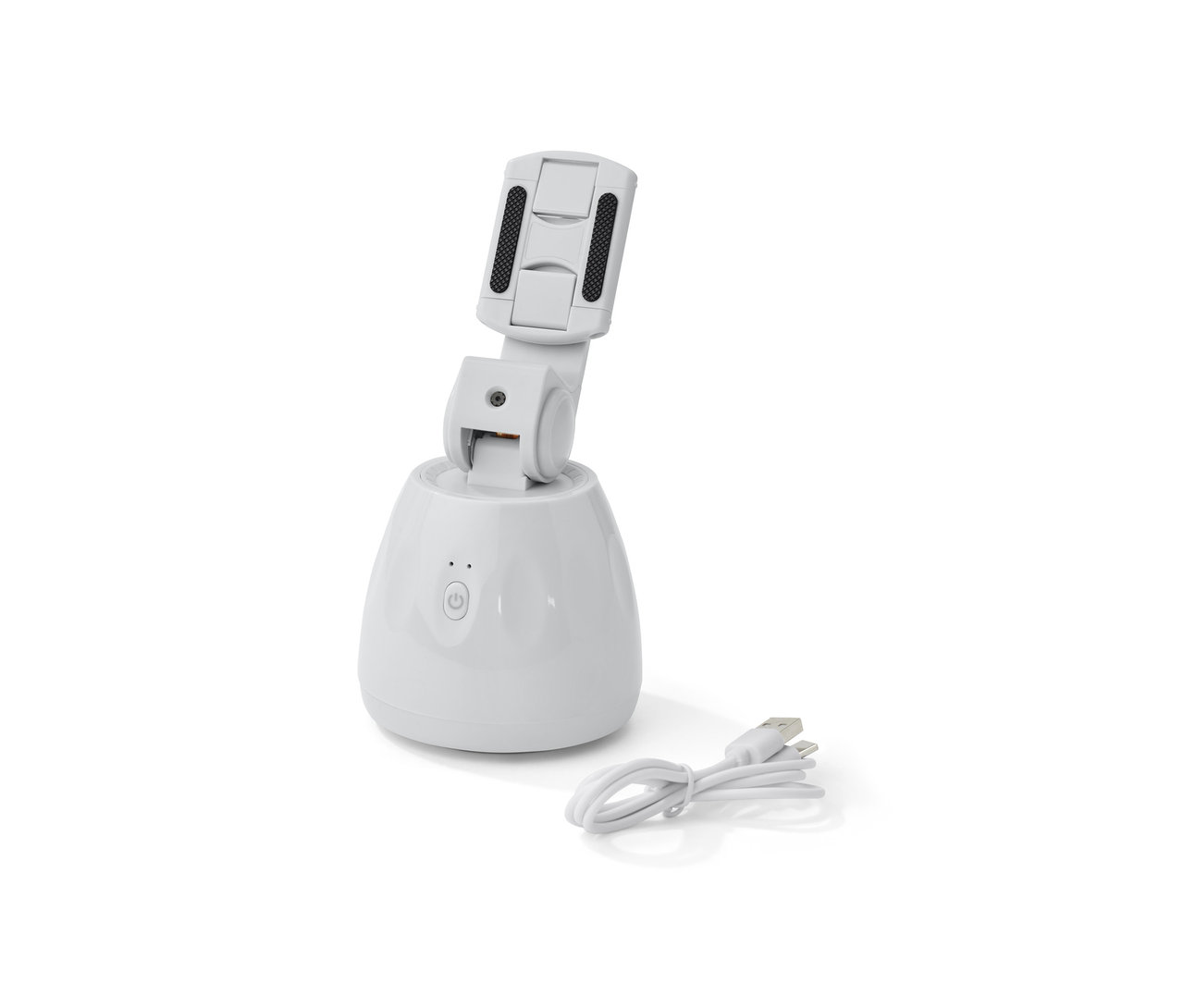 Eine weiße Handyhalterung mit Bewegungssensor und Ladekabel auf weißem Hintergrund.