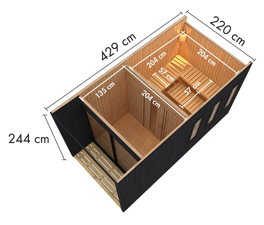 Draufsicht des Karibu Saunahauses »Gwen« mit Abmessungen.