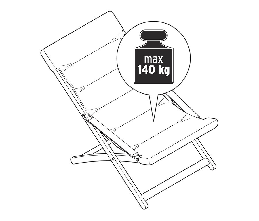 Illustration eines faltbaren Relax-Sessels mit einem maximalen Gewicht von 140 kg.