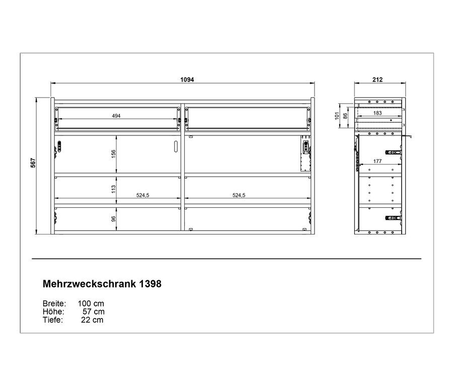 Diagramme der technischen Zeichnungen von Mehrzweckschränken.