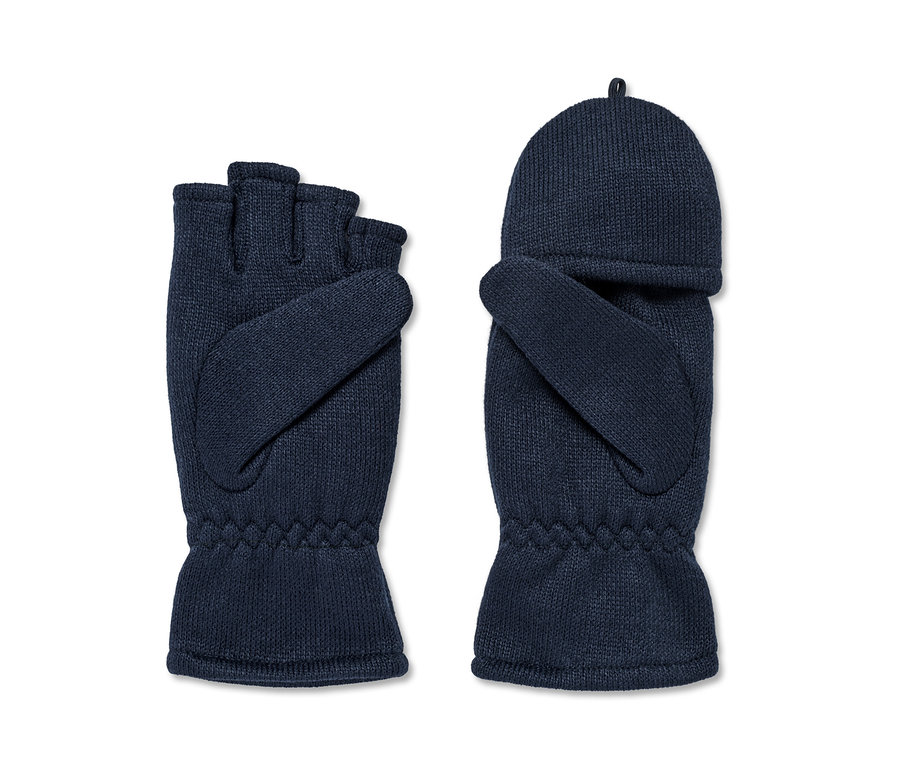 Zwei marineblaue Kinder-Strickfleece-Klappfäustlinge, wobei bei einem der Klappteil geöffnet ist.