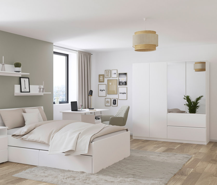 Zimmer mit weißem Bett, Nachttisch, Schreibtisch und rauch Drehtürenschrank 4-türig mit Spiegel »Joel«.