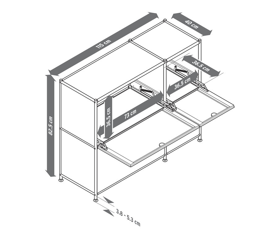Abbildung eines Sideboards Metall »CN3« mit 4 Klappenfächern und Abmessungen.