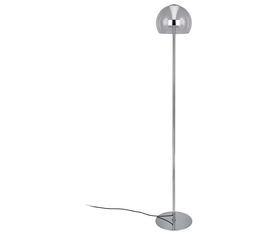 Eine silberne Trio LED-Stehleuchte »Flynt« mit rundem Schirm und kreisförmigem Fuß.