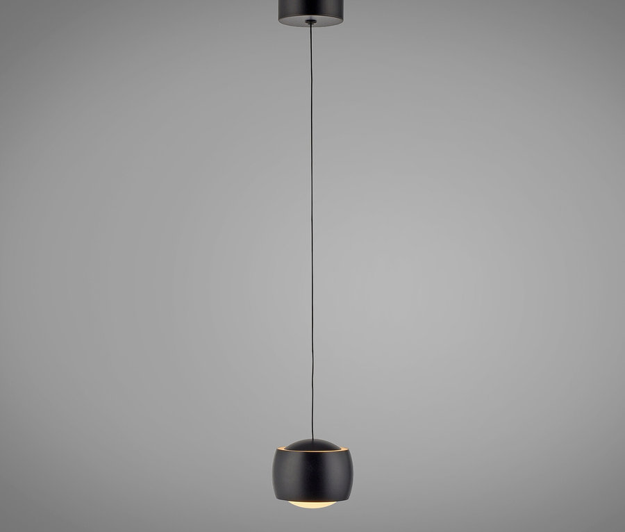 Schwarze Pendelleuchte mit zylindrischer Deckenhalterung und kugelförmigem Lampenschirm.