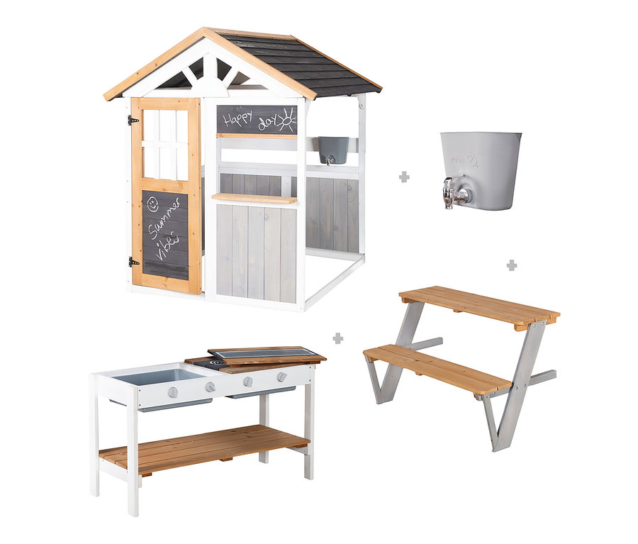 Abbildung eines roba Garten-Spielhauses, einer Kinderküche und eines Picknicktisches auf weißem Hintergrund.
