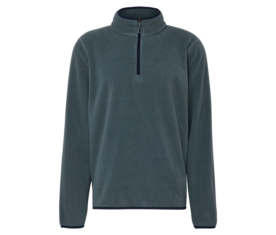 Detailaufnahme eines graugrünen Fleece-Pullovers mit Reißverschluss.