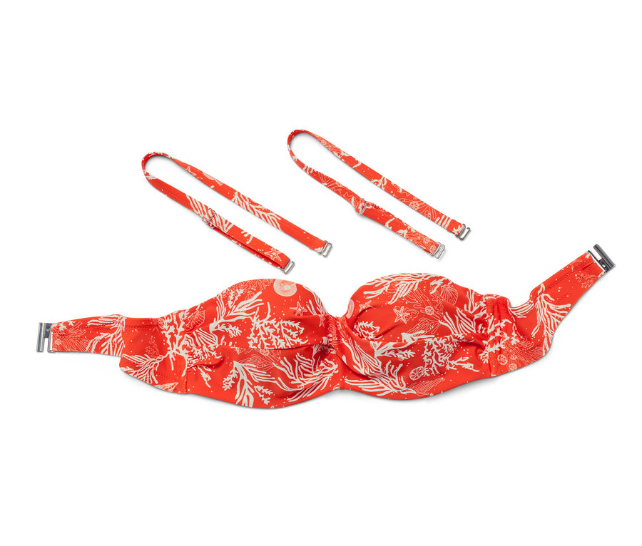 Orangefarbenes Bikini-Top »Multistyle« mit Meeresmotiven und abnehmbaren Trägern.