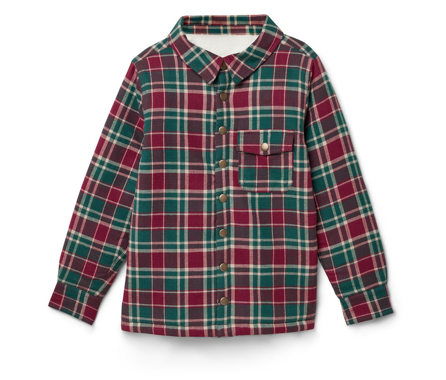 Rot-grünes kariertes Hemd mit langen Ärmeln und Knöpfen.