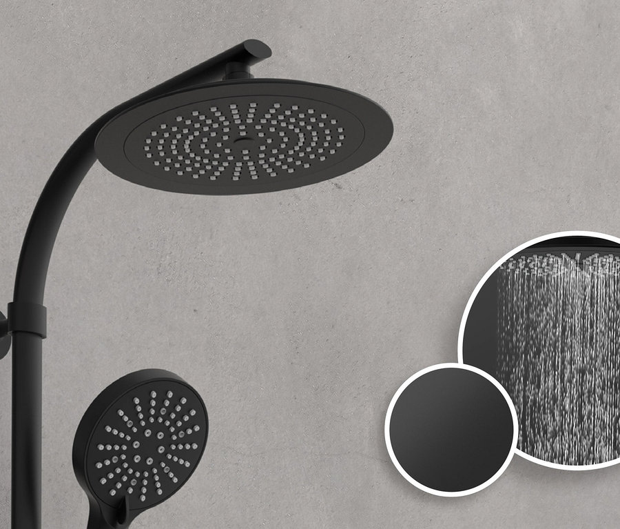 Schwarzes Überkopfbrause-Set »Madura Fresh« vor grauem Hintergrund.