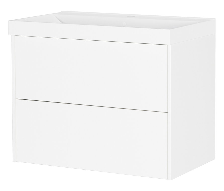 Weißer Waschtischunterschrank mit zwei Schubladen.