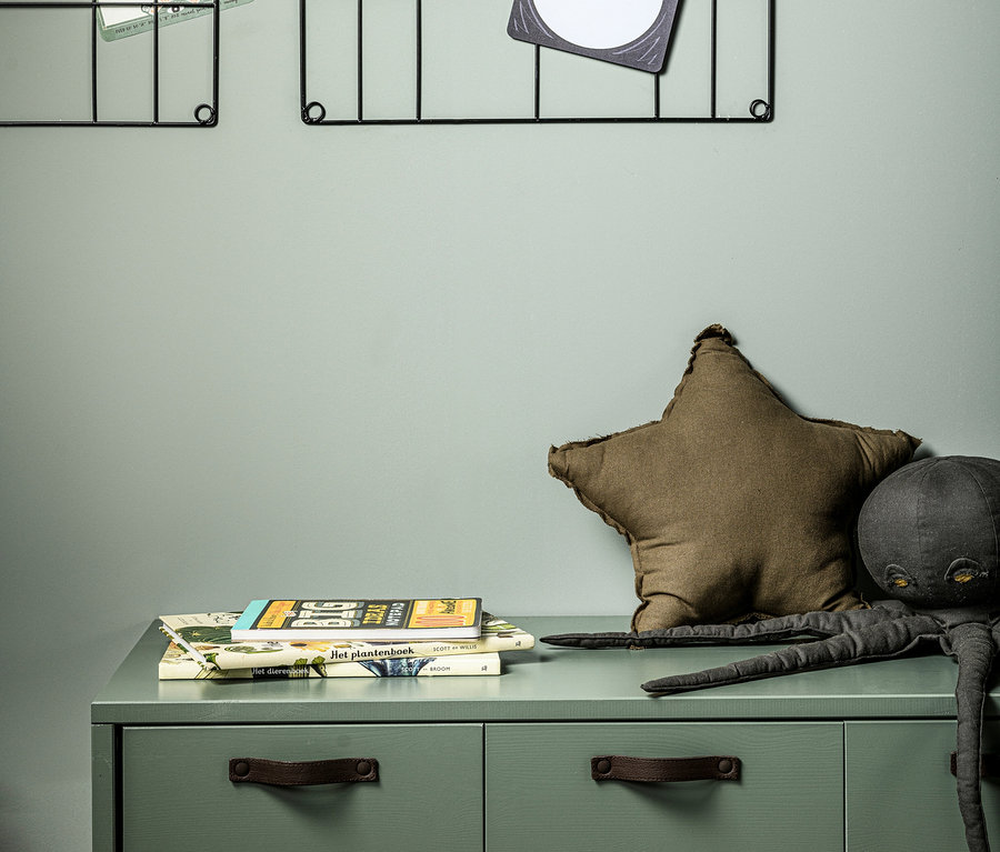 Grüne Kommode mit drei Büchern, braunem Sternkissen und schwarzem Stoff-Oktopus. An der Wand hängen zwei schwarze Gittertafeln. Auf der Kommode steht ein vtwonen »Stage« Bunkbench, soap.