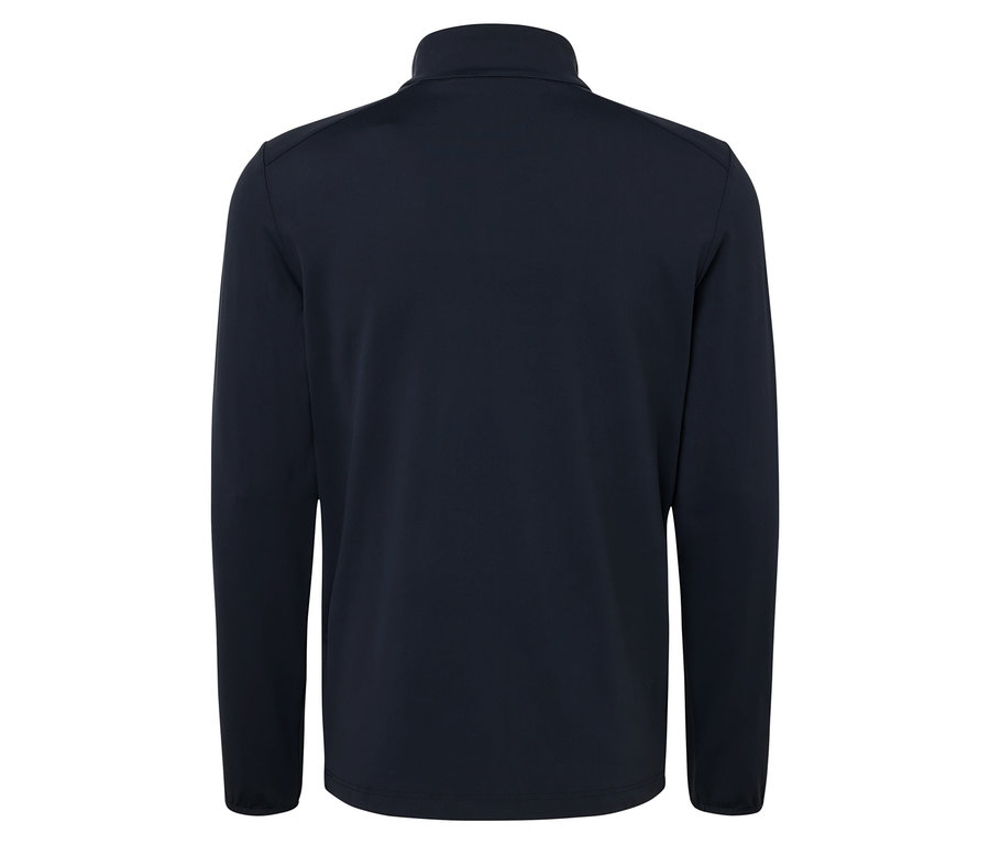 Dunkelblaue Funktionsjacke mit langen Ärmeln von hinten.