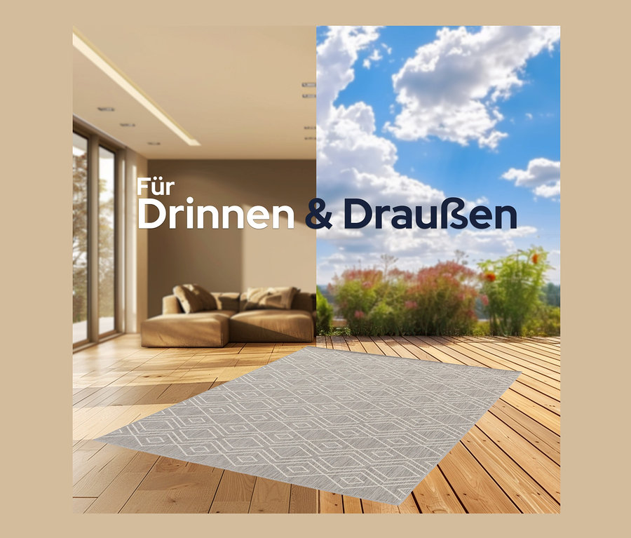 Innen- und Außenbereich mit grauem, faltbarem Outdoor-Teppich »Diamond Rhythm« mit geometrischem Muster.