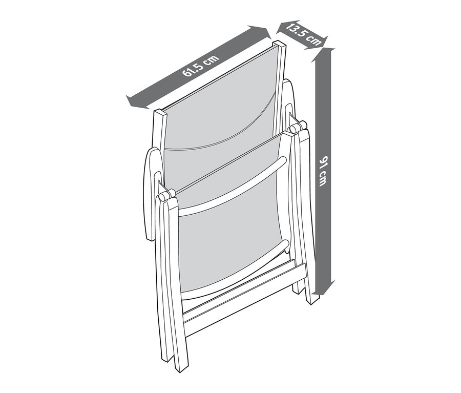 Illustration eines Hochlehners mit verstellbarer Rückenlehne im zusammengeklappten Zustand. Die Maße sind 61,5 cm x 13,5 cm x 91 cm.