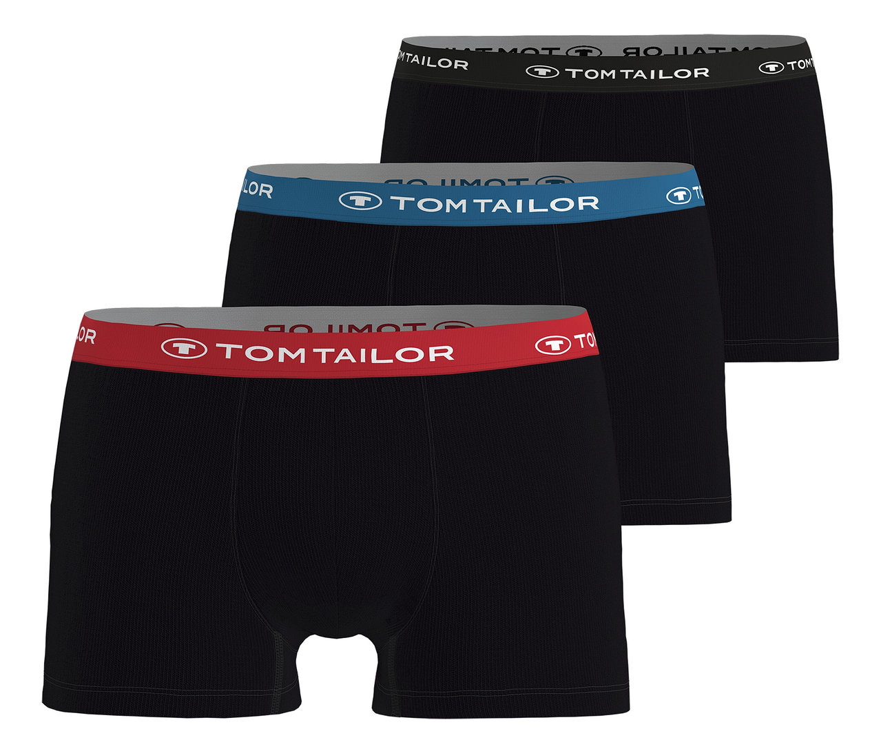 Drei mehrfarbige TomTailor Slipboxer »Buffer« im Stapel, mit schwarzen Hosen und farbigen Bändern mit dem TomTailor-Logo.