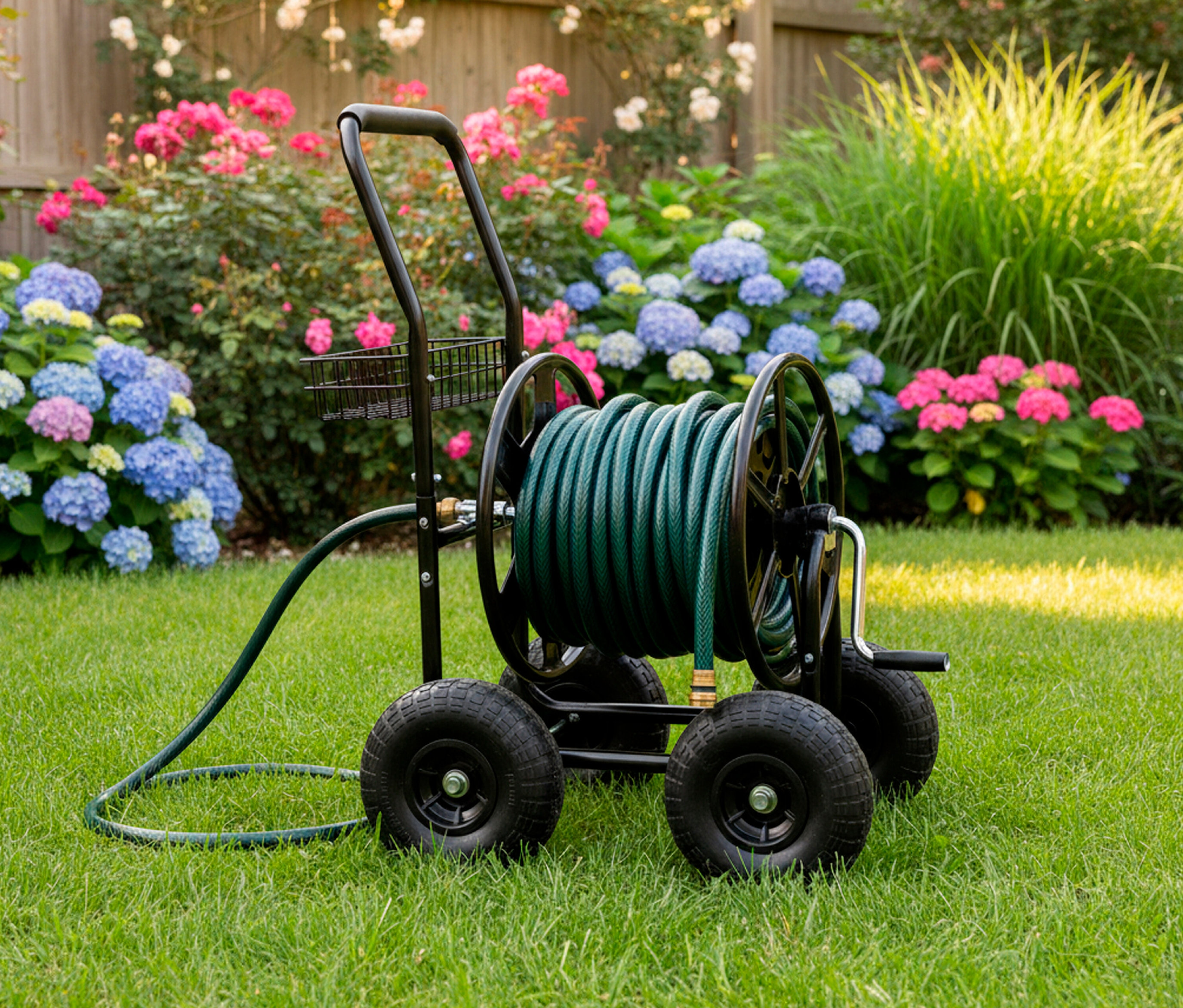 Ein grüner Gartenschlauch ist auf einer schwarzen Schlauchhaspel auf einem Rasen aufgerollt.