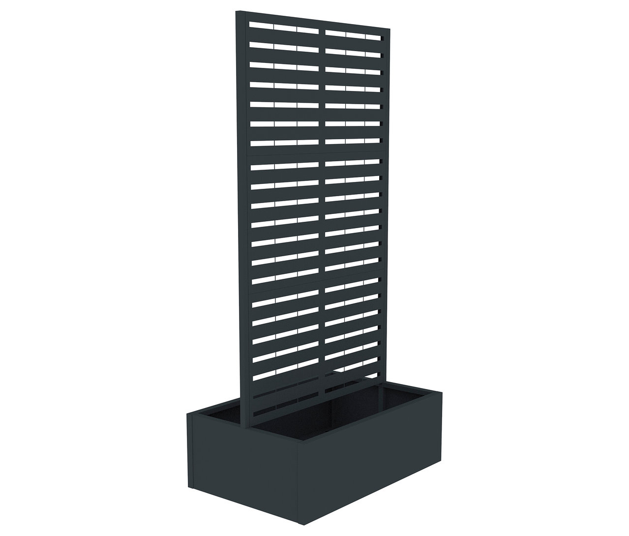 Dunkelgrauer Pflanzkasten mit integriertem Sichtschutz aus horizontalen Lamellen.