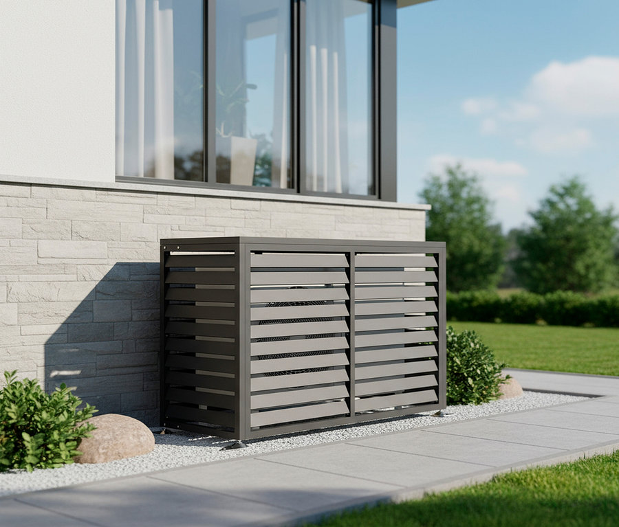 Eine graue, horizontale Lamellenabdeckung steht auf einem Gehweg neben einem Gebäude.