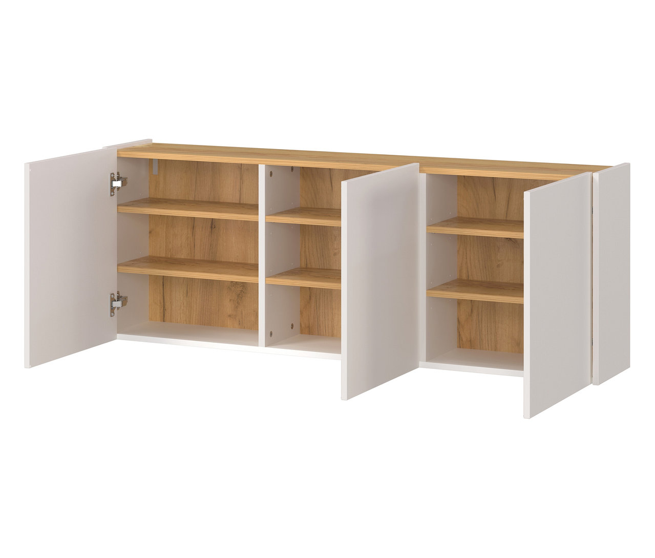 Weißes Sideboard mit Holzregalen und geöffneten Türen.