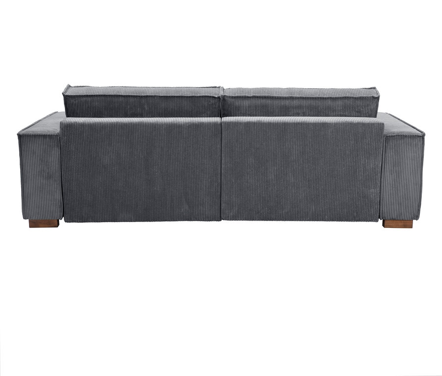 Rückansicht eines grauen Cordsofas auf Holzfüßen.