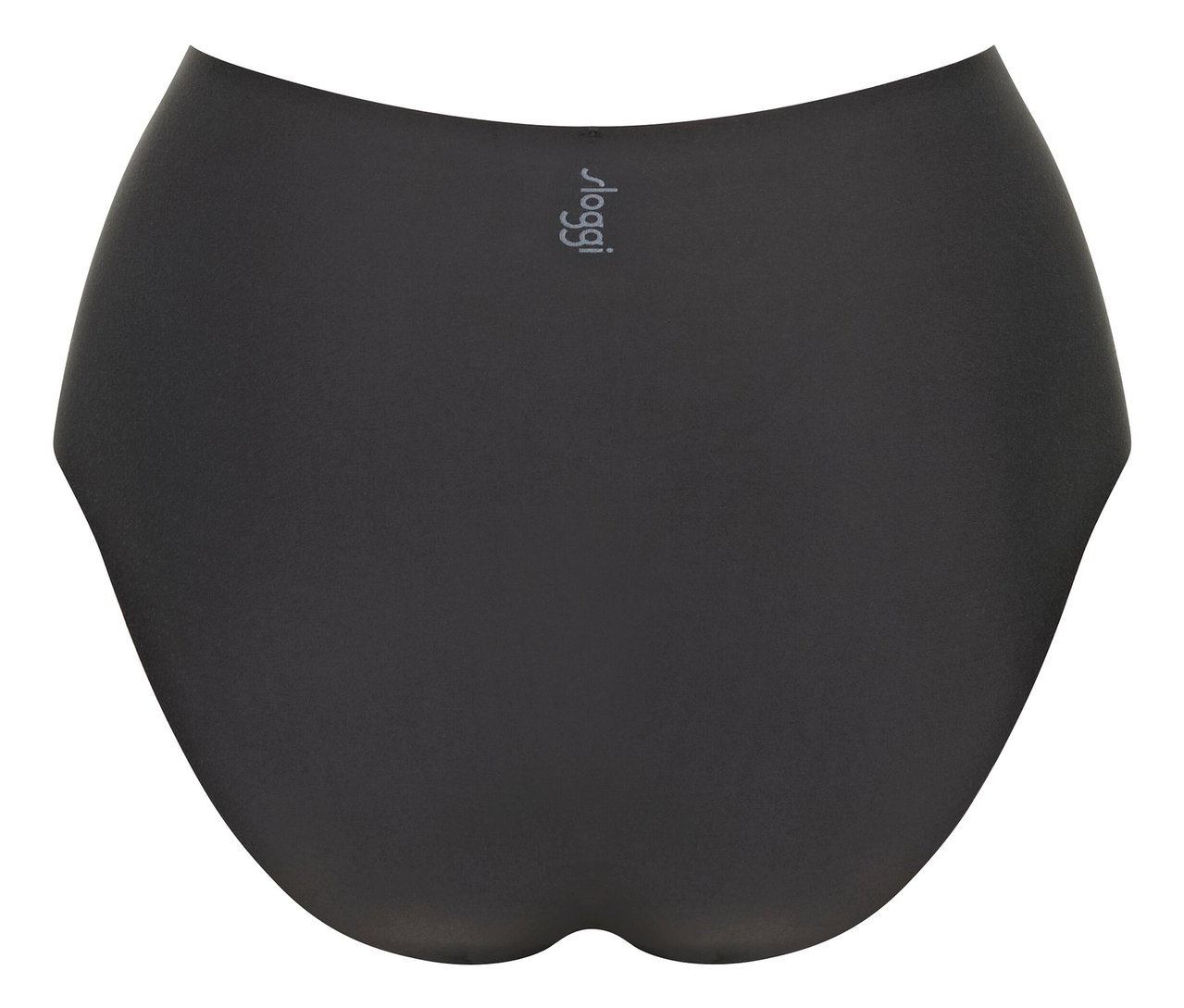 Schwarzer, hochgeschnittener Slip mit dem sloggi-Logo auf der Vorderseite.