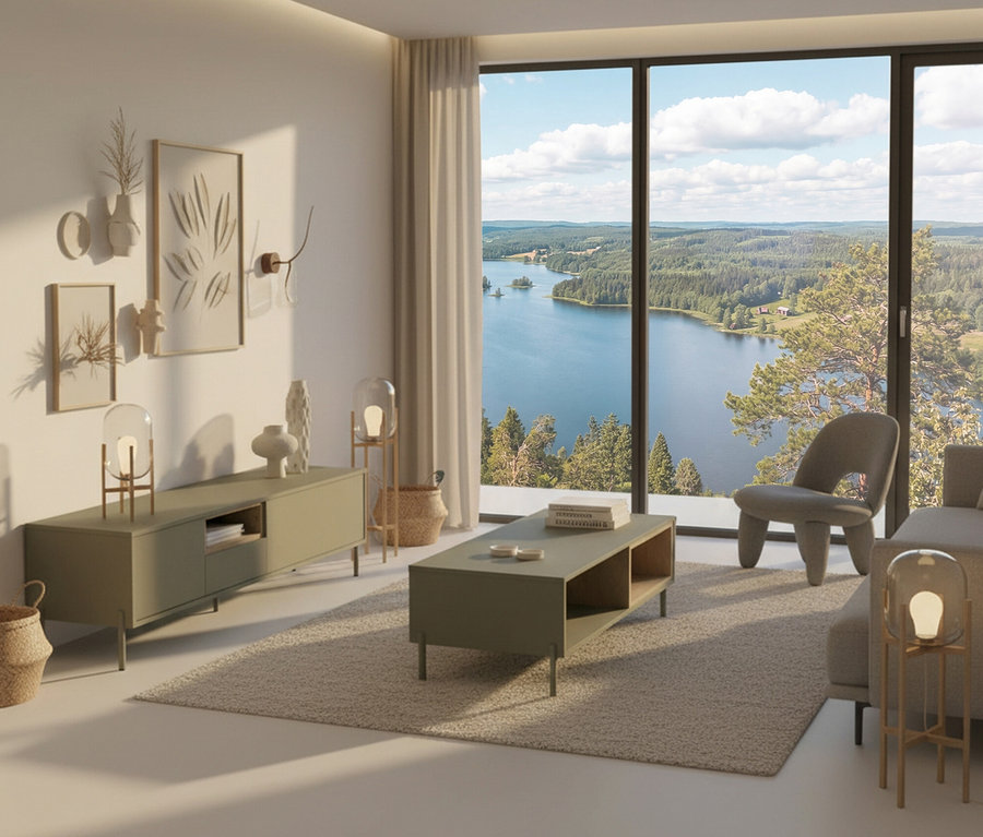 Wohnzimmer mit salbeigrünem Couchtisch »Hygge«, Lowboard, Sessel und Blick auf einen See.