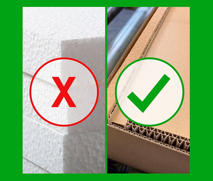 Gegenüberstellung: Styropor mit rotem X-Symbol, Karton mit grünem Haken-Symbol.