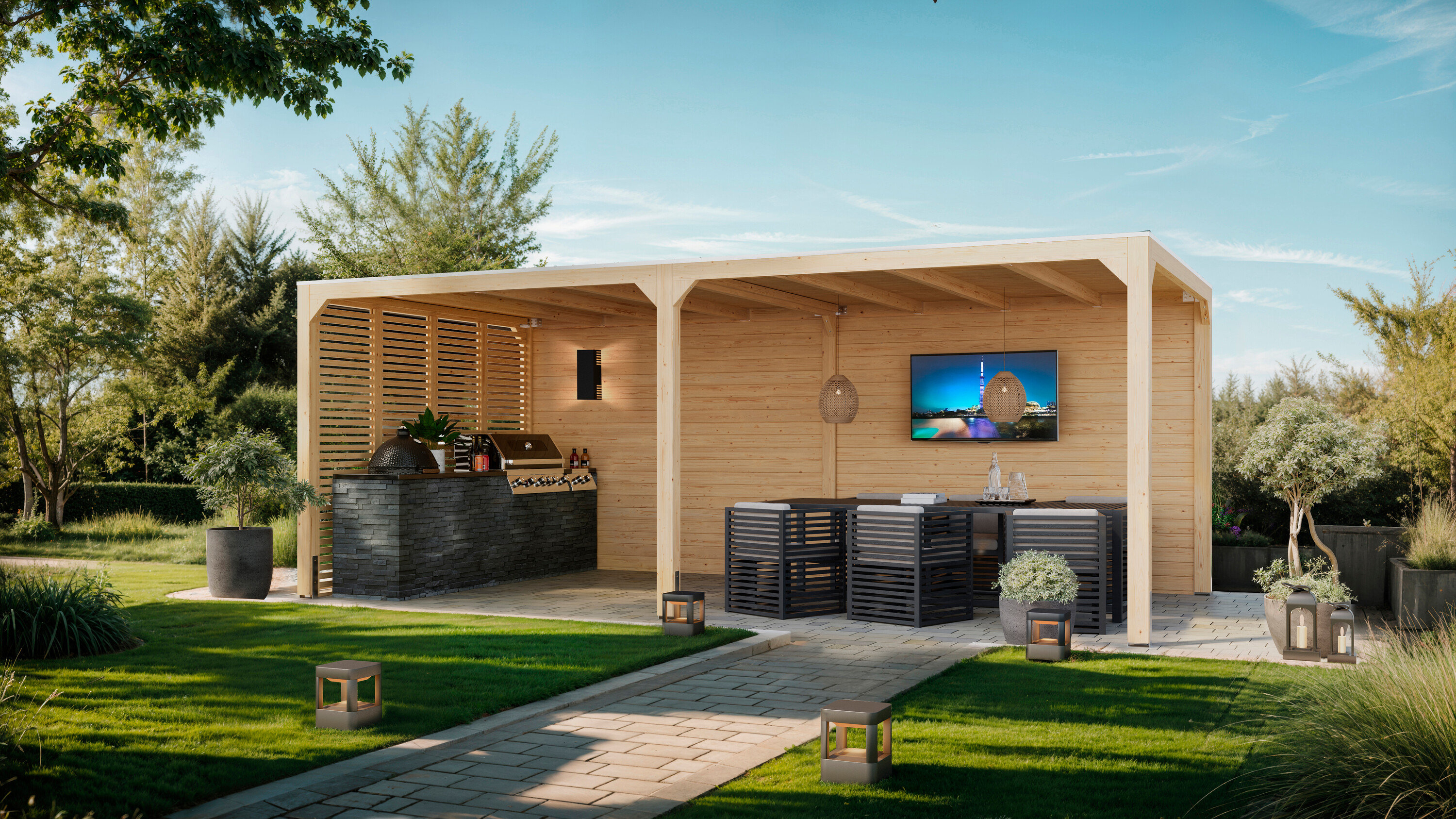 Außenansicht eines Gartenpavillons mit Grill und Sitzbereich.