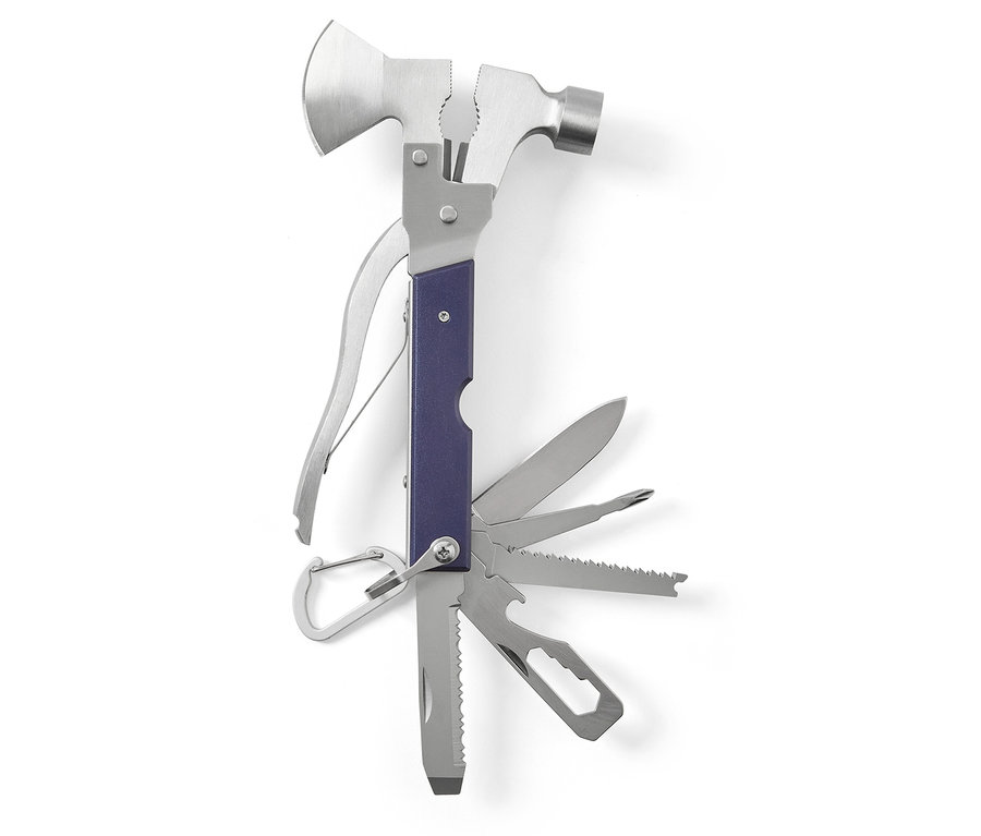 Ein zusammenklappbares Multifunktionswerkzeug mit Hammer, Axt, Zange, Messer, Säge und Karabiner.