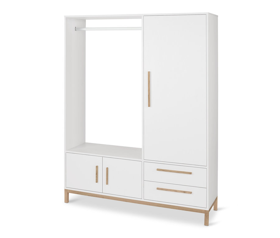 Weißer Garderobenschrank »Eklund« mit Regalen, Schubladen und Kleiderstange.