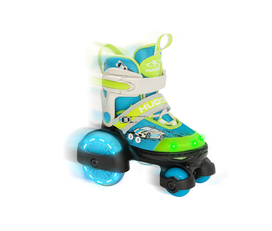 Blau-grüner HUDORA Rollschuh »My First Squad« LED auf weißem Hintergrund.