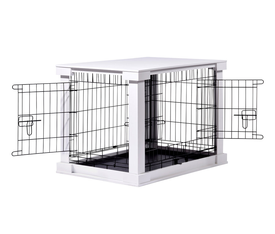Ein weißer Dobar-Hundebox mit offenen Türen aus schwarzem Drahtgeflecht.