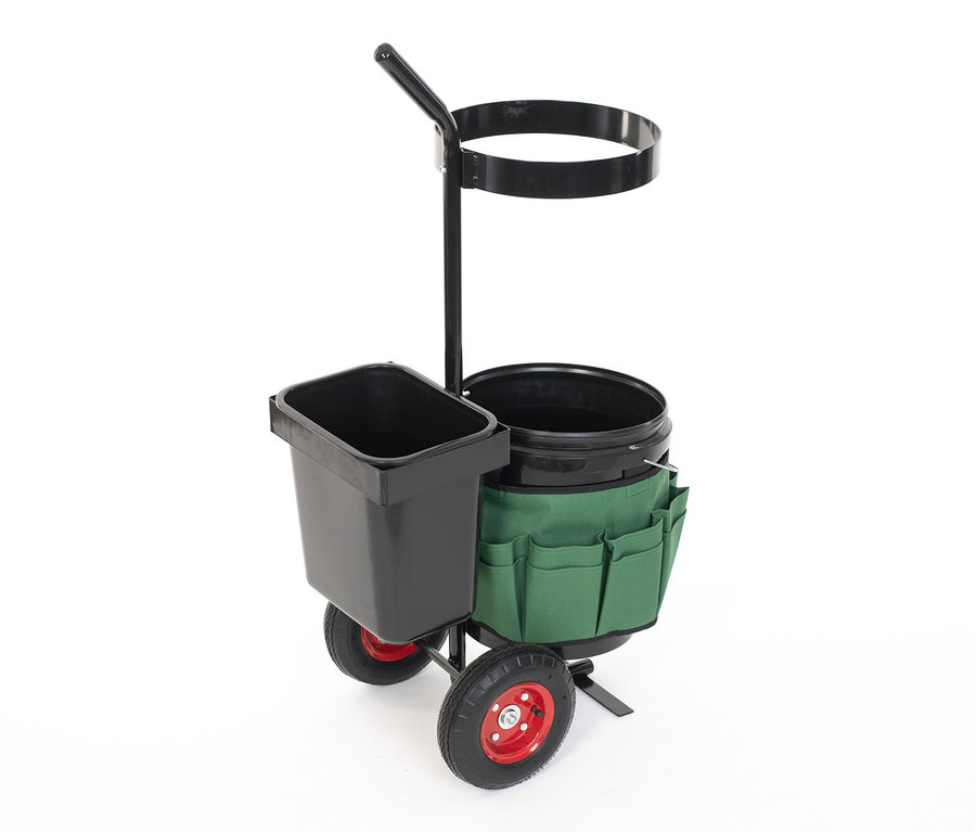 Ein schwarzer Universal-Garten-Trolley mit Rädern mit roten Naben und einem Griff.