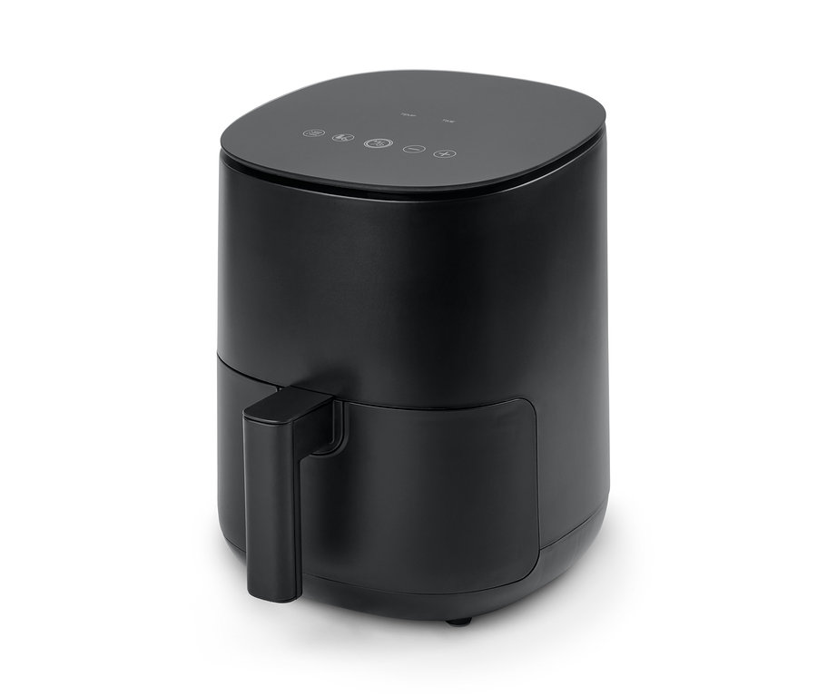 Eine schwarze Trebs Digitale Heißluft-Fritteuse vor einem weißen Hintergrund.