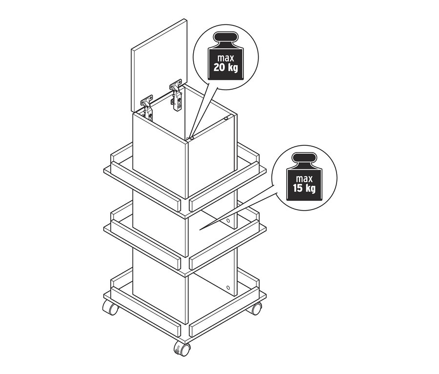 Skizze eines Bücherturms mit Details in Eichendekor, maximale Traglast 20 kg oben, 15 kg auf den restlichen Böden.