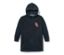 Blauer Longsweater mit Kapuze.