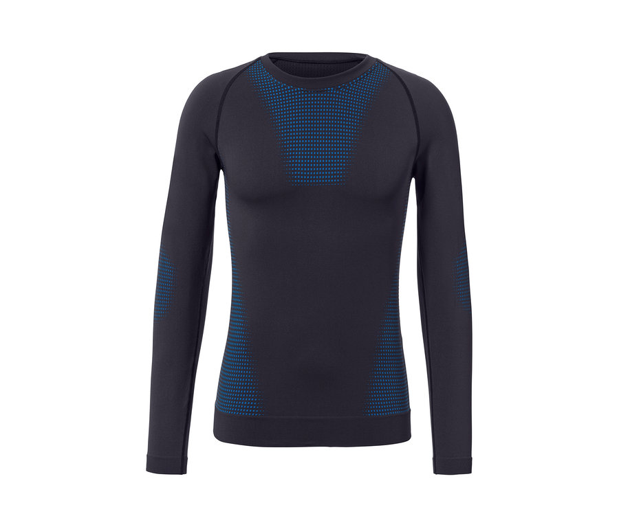 Dunkles Funktionsshirt mit langen Ärmeln und blauem Muster.