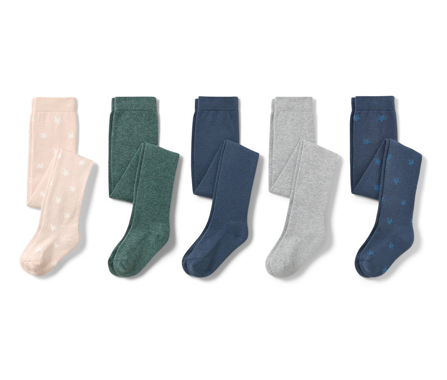 Fünf Baumwoll-Strumpfhosen mit Sternen in Beige, Grün, Dunkelblau, Grau und Blau.