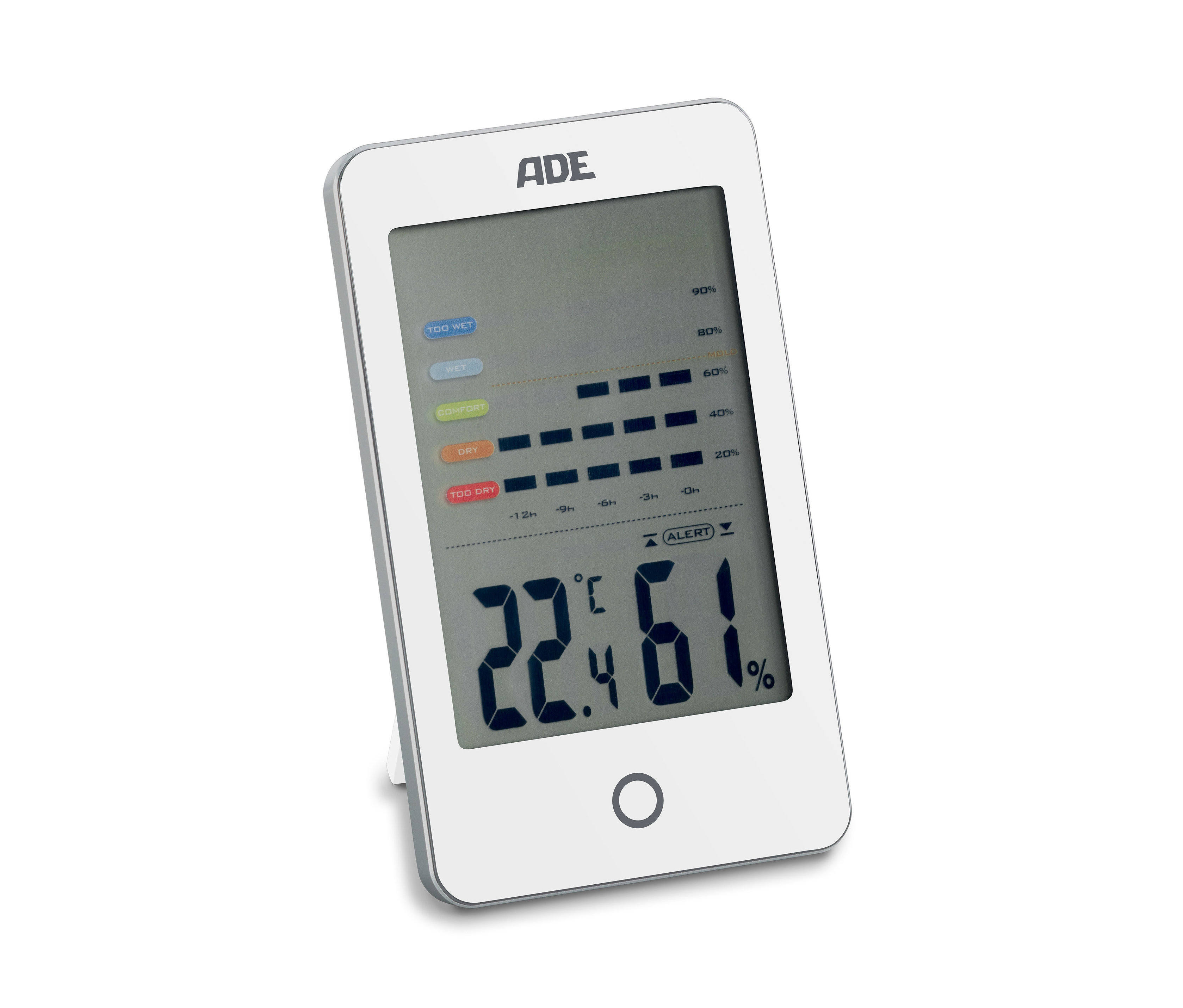 Ein weißes ADE Digitales Hygrometer mit Schimmelalarm zeigt eine Temperatur von 22,4 Grad Celsius und eine Luftfeuchtigkeit von 61 Prozent.