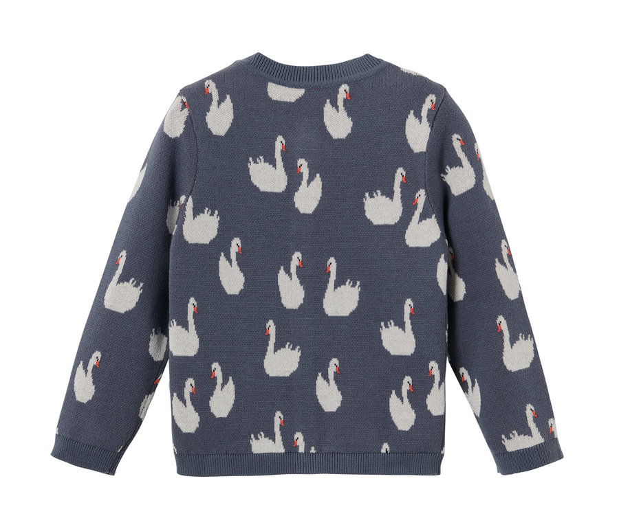 Blaue Kinder-Strickjacke mit Schwanenmuster.